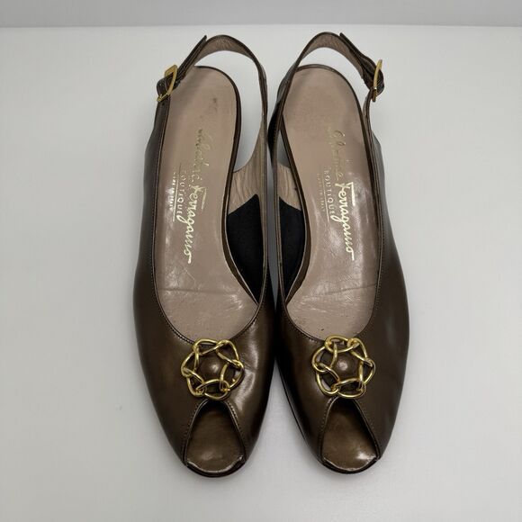 Salvatore Ferragamo Sling Back Peep Toe Low Heels Pumps Size 7.5 AAAA 4A Narrow - Picture 1 of 14